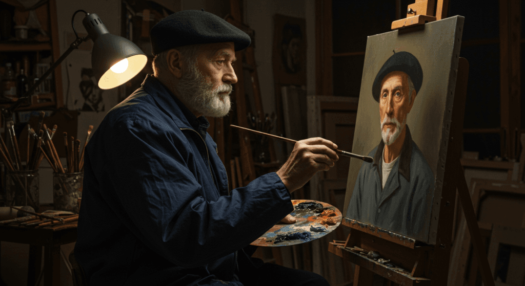 ¿Los genios del arte calcaban sus obras? Descubre la verdad detrás de la imitación en el arte 3 Imagen de un pintor anciano trabajando en un retrato en su estudio. Ideal para artículos sobre arte, pintura, artistas o el proceso creativo.