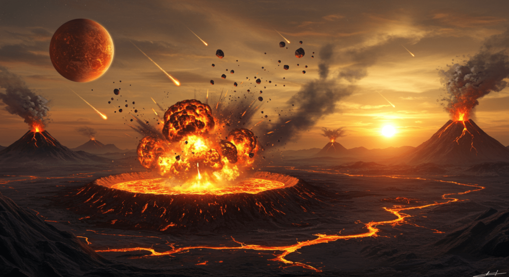 El origen del agua en la Tierra: cómo llegó el líquido vital a nuestro planeta 4 Ilustración de un planeta alienígena con cráteres de impacto llenos de lava, explosiones y meteoritos. Ideal para visualizaciones de ciencia ficción, desastres naturales cósmicos y contenido sobre geología planetaria.