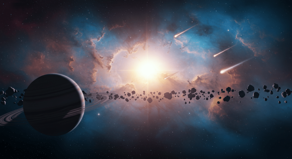El origen del agua en la Tierra: cómo llegó el líquido vital a nuestro planeta 5 Representación artística de un planeta gigante gaseoso con anillos, rodeado de asteroides y cometas, iluminado por una estrella distante y con una nebulosa colorida de fondo. Ideal para temas de astronomía, exploración espacial y ciencia ficción.