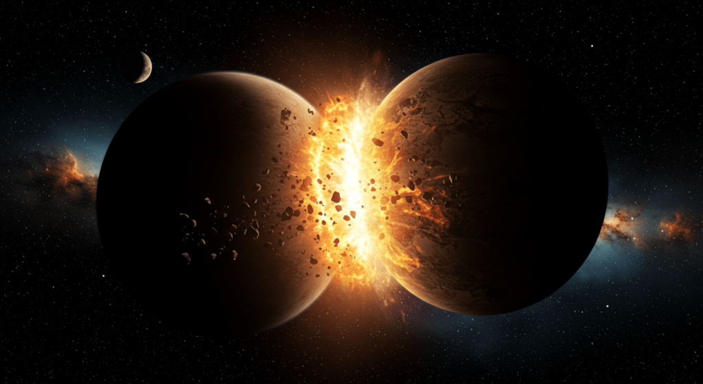 El origen del agua en la Tierra: cómo llegó el líquido vital a nuestro planeta 1 Ilustración de dos planetas colisionando en el espacio con una explosión brillante y escombros dispersos. Fondo con estrellas y nebulosas, ideal para contenido sobre astronomía y fenómenos cósmicos.
