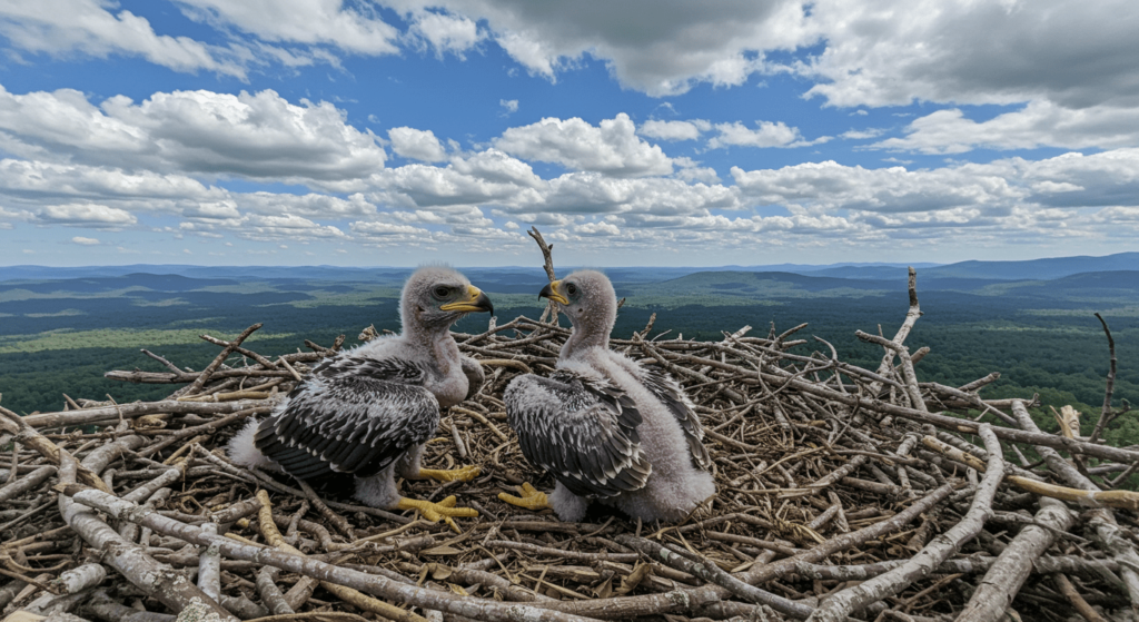 Águila: el rey del cielo y su increíble mundo 4 Polluelos de águila calva en el nido. Crías de aves, naturaleza salvaje, ternura