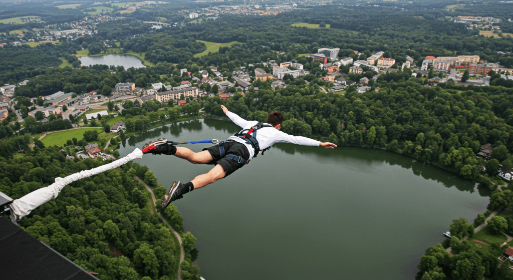Persona haciendo puenting sobre lago y montañas verdes. Imagen de deporte extremo y aventura con arnés y cuerdas. Accesibilidad web y SEO.