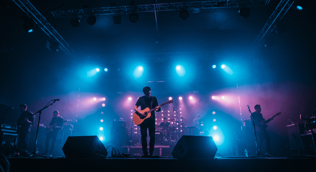 Plagio musical: cuándo una inspiración se convierte en una copia ilegal 4 "Radiohead tocando en vivo con luces azules y moradas en el escenario. Imagen de concierto de música alternativa, guitarrista y ambiente de espectáculo musical."