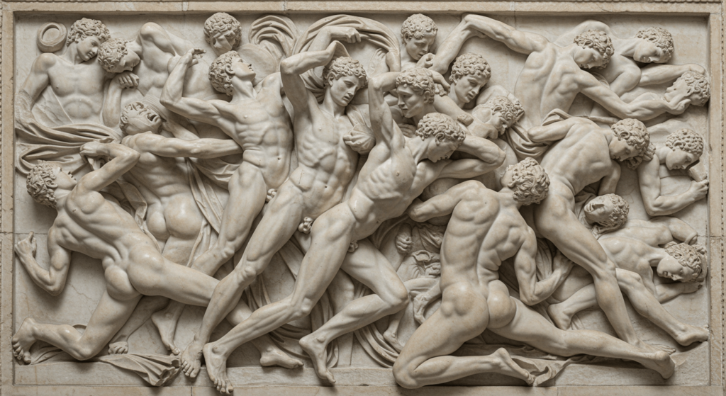 Miguel Ángel Buonarroti: el hombre que definió el arte y la escultura clásica 2 Relieve en mármol que representa una batalla con figuras humanas desnudas. Escultura de estilo clásico o renacentista. Ideal para contenido sobre historia del arte, escultura o el Renacimiento.