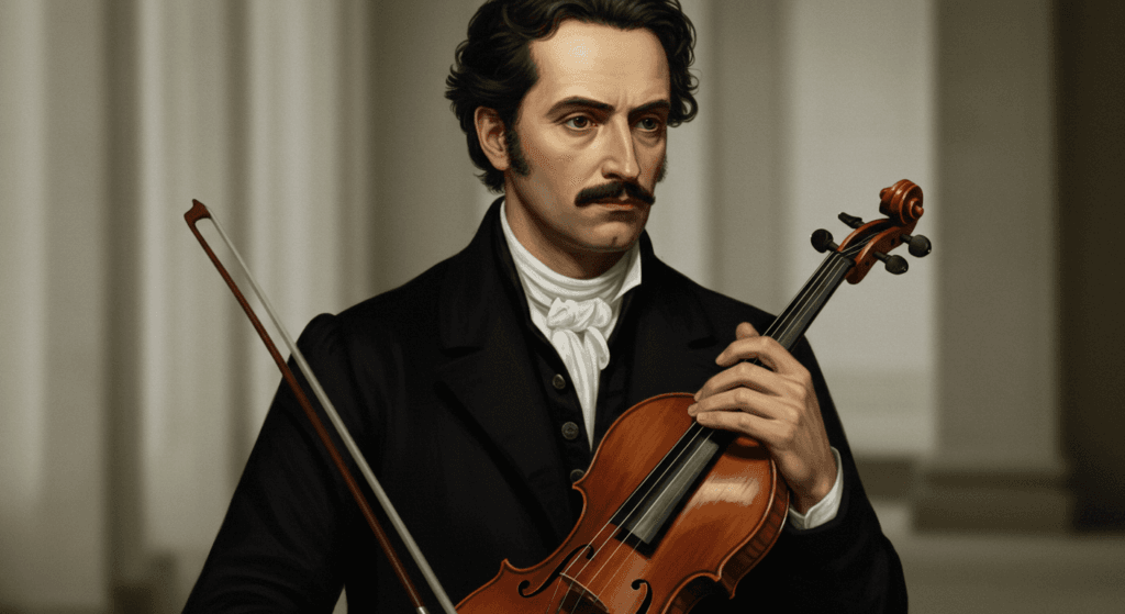 ¿Pacto con el diablo o genio del violín? La historia de Niccolò Paganini 2 "Retrato al óleo de un hombre sosteniendo un violín y un arco. Imagen accesible sobre música clásica, retratos históricos y cultura."