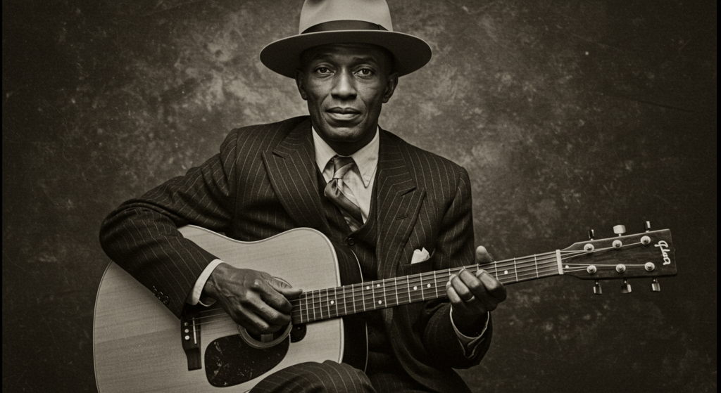 El Club de los 27: Las estrellas que dejaron huella antes de tiempo 1 "Fotografía en blanco y negro de Robert Johnson, leyenda del blues, tocando la guitarra con traje y sombrero. Imagen histórica de bluesman."