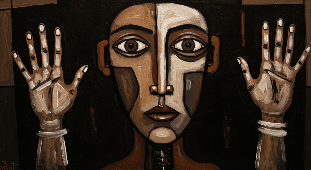 Hechos históricos que cambiaron la literatura para siempre 4 Pintura abstracta de un rostro con manos estilizadas sobre fondo negro. Estilo expresionista. Ideal para contenido sobre arte moderno, abstracción o pintura surrealista.