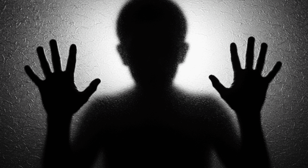 La verdad de los Esteroides 6 Silueta borrosa detrás de un cristal texturizado, manos presionadas contra la superficie. Imagen de misterio y suspense, adecuada para temas de terror psicológico. Fotografía accesible para personas con discapacidad visual.