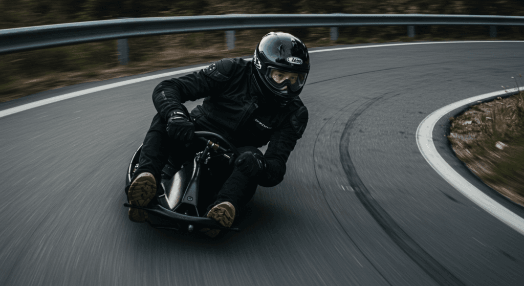 Persona en street luge o gravity racer, deporte extremo en carretera asfaltada. Equipo de protección negro y casco.