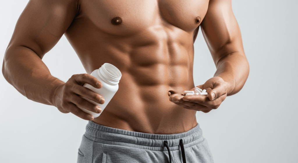 La verdad de los Esteroides 2 Hombre musculoso mostrando suplementos. Imagen de un torso tonificado con pastillas, ideal para promocionar productos de nutrición deportiva y vida saludable. Fotografía accesible para personas con discapacidad visual.