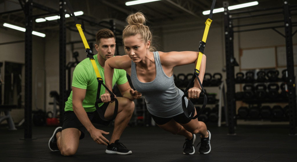 ¿Por qué nos duelen los músculos después de hacer ejercicio? 3 Entrenamiento con TRX en gimnasio con entrenador. Mujer haciendo ejercicio de suspensión supervisada por un hombre. Ideal para promover fitness, salud y entrenamiento personalizado.