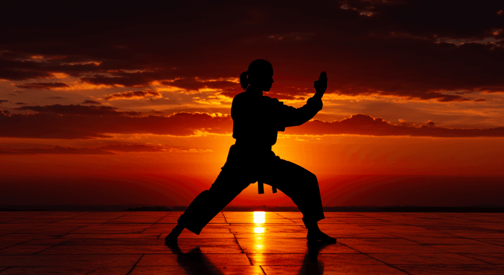 Silueta practicando Tai Chi al amanecer. Persona realizando arte marcial con fondo de sol rojo y suelo reflectante. Ideal para temas de salud, meditación y artes marciales.