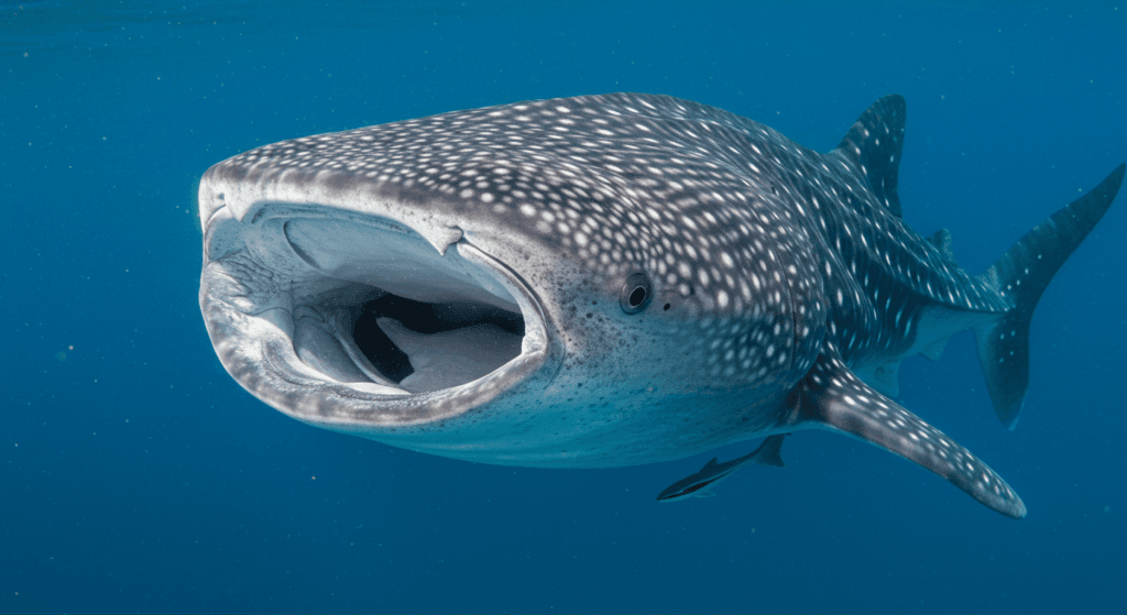 Tiburones: los gigantes marinos más antiguos que siguen dominando los océanos 5 Impresionante primer plano de un tiburón ballena con la boca abierta bajo el agua. La imagen resalta el patrón de manchas blancas distintivo del tiburón y su estructura de alimentación única, ideal para contenido educativo sobre la vida marina y la conservación.