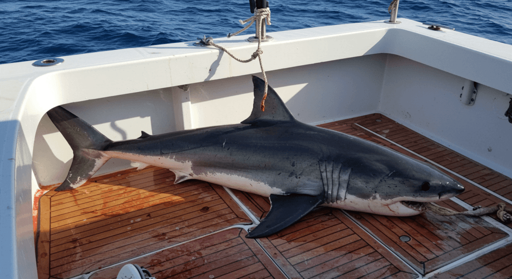 Tiburones: los gigantes marinos más antiguos que siguen dominando los océanos 7 Imagen de un gran tiburón muerto sobre la cubierta de un barco. La fotografía muestra un animal capturado, lo cual puede ser perturbador. Contenido gráfico.