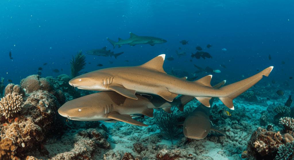 Tiburones: los gigantes marinos más antiguos que siguen dominando los océanos 6 Imagen submarina de tiburones nodriza de color pardo nadando cerca de un arrecife de coral. Ideal para mostrar la vida marina y el hábitat de estos tiburones.