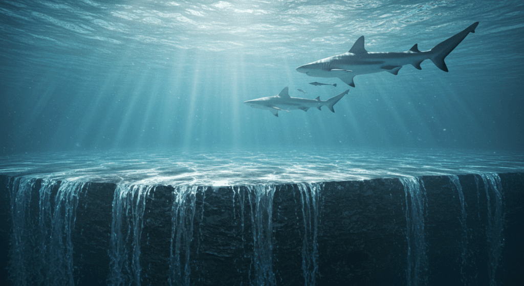 Tiburones: los gigantes marinos más antiguos que siguen dominando los océanos 2 Fotografía submarina de dos tiburones nadando sobre una plataforma rocosa con cascadas. Imagen marina de la vida salvaje en el océano. Ideal para fondos de pantalla de naturaleza y documentales acuáticos.