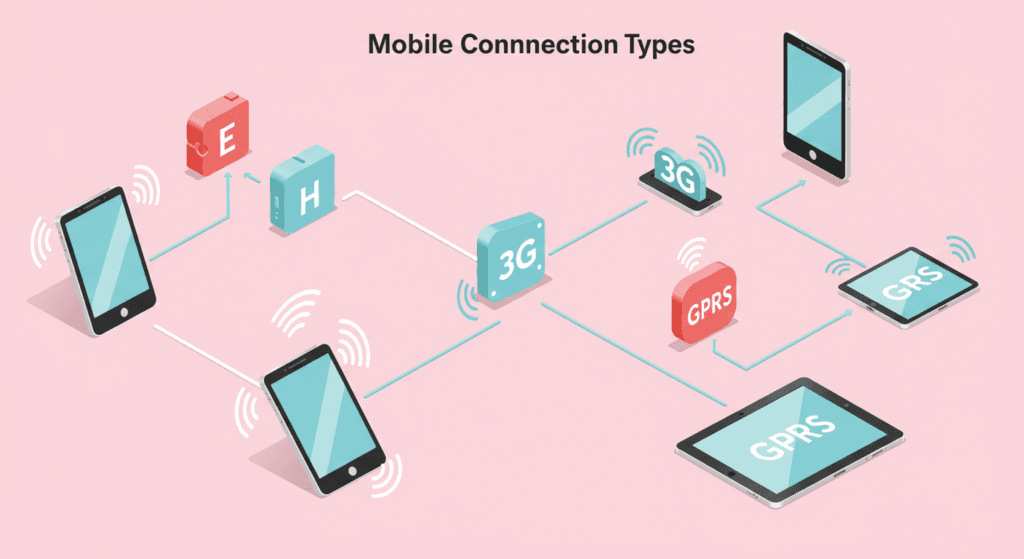 Redes móviles: E, GPRS, 3G, 4G y 5G 4 Tipos de conexión móvil: Ilustración que muestra las diferentes tecnologías de conexión de datos (E, H, 3G, 4G, GPRS) en dispositivos móviles. Explora las opciones de conectividad para smartphones y tablets. Ideal para blogs de tecnología
