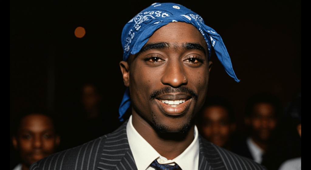 El Club de los 27: Las estrellas que dejaron huella antes de tiempo 5 "Retrato de Tupac Shakur (2Pac), rapero y actor con pañuelo azul en la cabeza. Icono del hip hop de los 90. Imagen de celebridad."