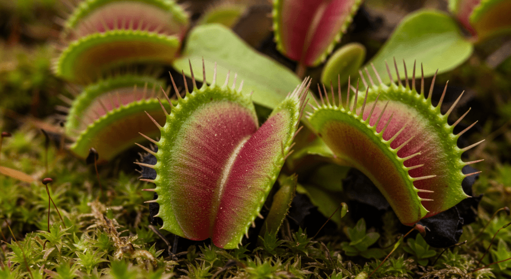Plantas carnívoras para tu hogar: 3 especies que puedes tener fácilmente 5 Primer plano de una Venus atrapamoscas mostrando sus hojas verdes con interior rojizo y "dientes" espinosos, rodeada de musgo. Ideal para contenido sobre botánica, plantas carnívoras y adaptación de especies.
