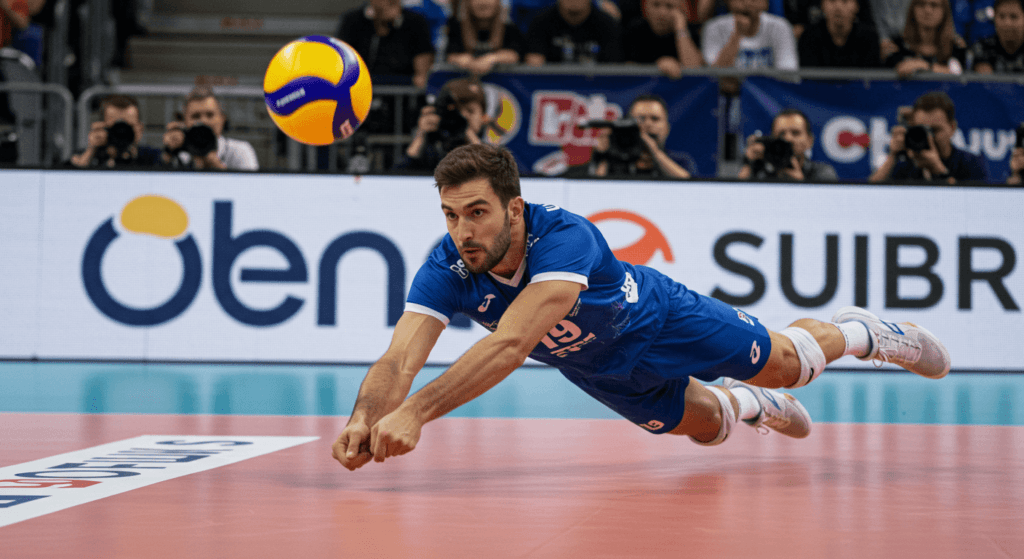 ¿Qué es el Voleibol? Reglas, Técnicas y Curiosidades 4 Jugador de voleibol zambulléndose para alcanzar el balón durante un partido. Acción deportiva y competencia.