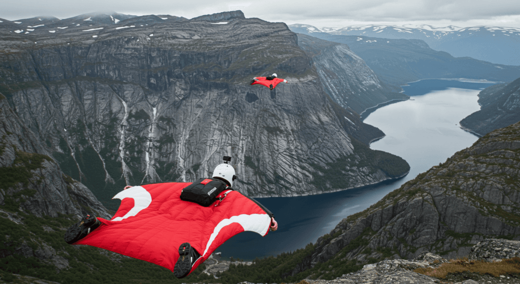 Dos personas en wingsuit volando sobre montañas y lago. Trajes de vuelo rojo y blanco en paisaje rocoso. Deportes extremos y aventura aérea