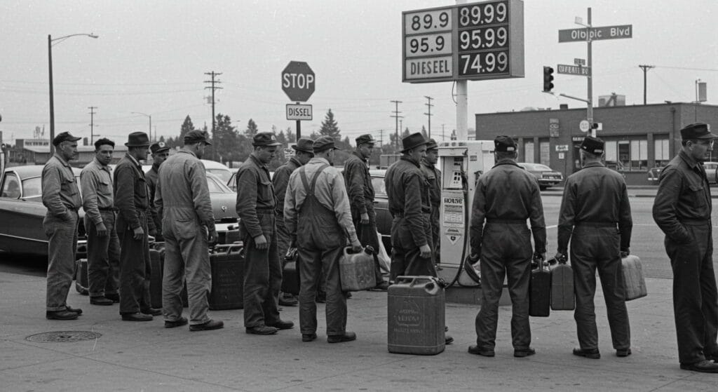 ¿Tiene Sentido el Cambio de Horario? Beneficios y Controversias 3 Hombres haciendo fila en una gasolinera durante una crisis de combustible, con bidones y autos clásicos en el fondo.
