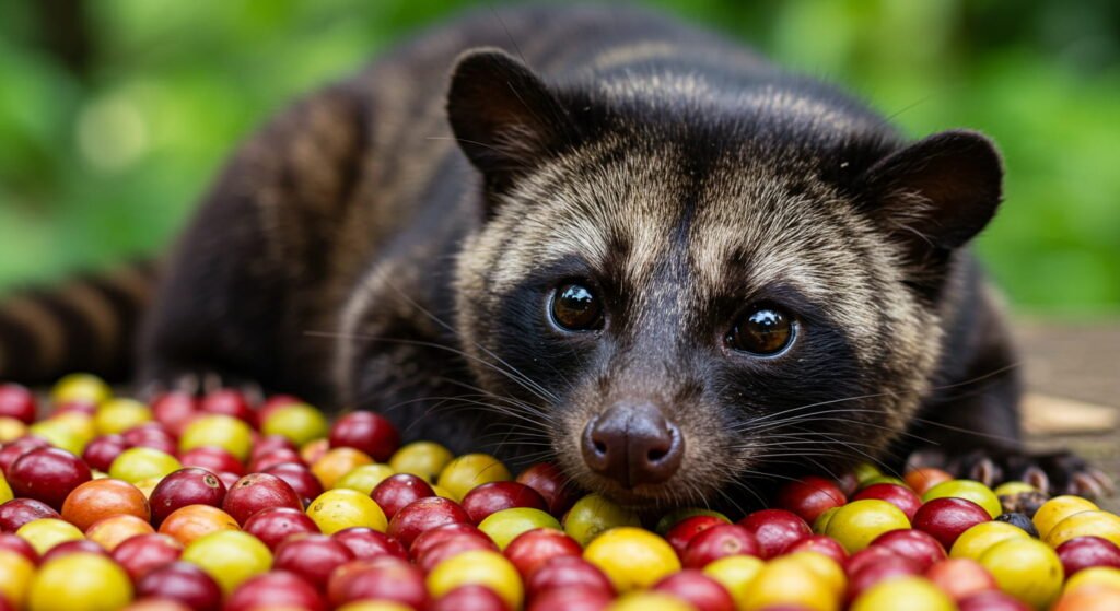 6 Cosas que Probablemente No Sabías sobre el Café (Pero Deberías Saber) 4 Civeta rodeada de cerezas de café rojas y amarillas, representando su relación con el café Kopi Luwak.