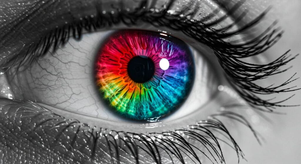 El Daltonismo 5 Primer plano de un ojo con un iris multicolor en alta resolución. Imagen conceptual sobre percepción del color, visión y creatividad. Diseño en blanco y negro con un efecto vibrante en el iris.