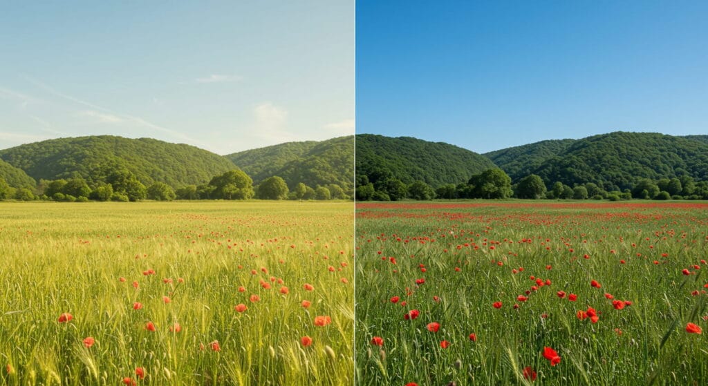El Daltonismo 6 Imagen comparativa de un campo de amapolas y colinas verdes con diferencias en la percepción del color. El lado izquierdo tiene un tono amarillento y colores apagados, mientras que el derecho muestra colores vivos y naturales. Ilustración de los efectos del daltonismo en la visión.