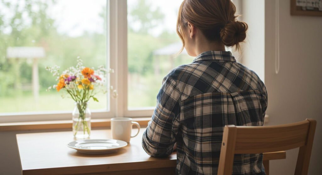 Trastornos de la Conducta Alimentaria: Lo Que Nadie Te Cuenta 1 Mujer con camisa a cuadros sentada junto a una ventana mirando al exterior, con flores frescas y una taza sobre la mesa.