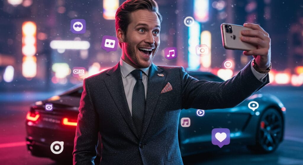El Peligro de la Falsa Autoestima: Cómo Detectarla y Fortalecer tu Confianza 5 Hombre elegante tomando un selfie en un entorno urbano nocturno con luces de neón y un auto de lujo en el fondo. Iconos de redes sociales flotando alrededor.