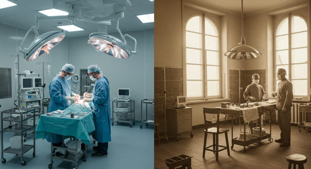 El Lado Oscuro del Padre de la Ginecología Moderna: J. Marion Sims 5 Imagen comparativa de una sala de operaciones moderna y una antigua, mostrando la evolución de la cirugía y los avances tecnológicos en la medicina.