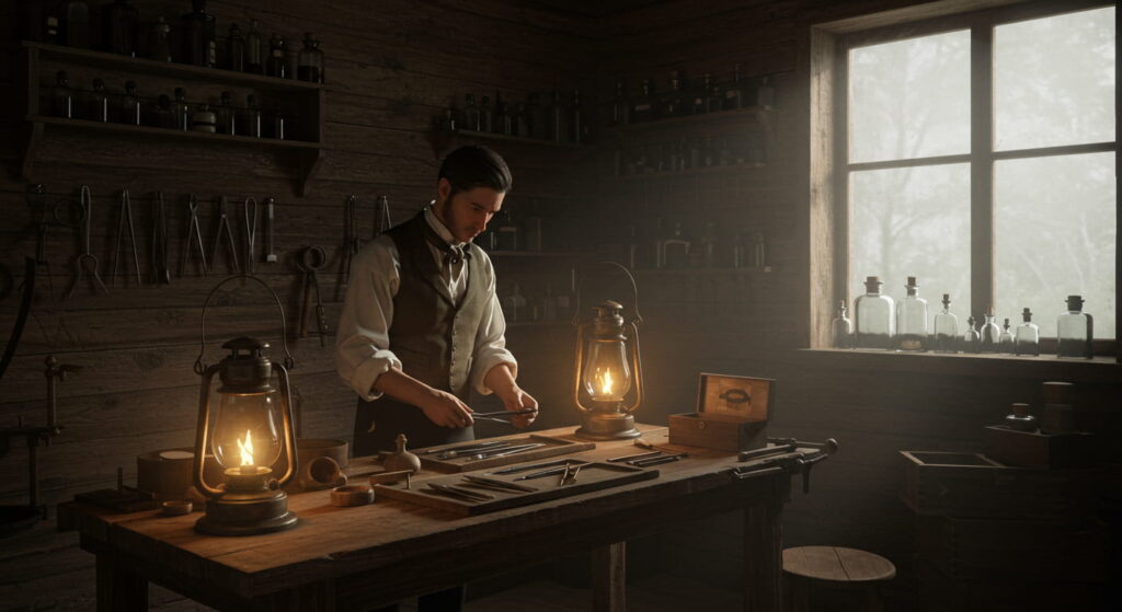 El Lado Oscuro del Padre de la Ginecología Moderna: J. Marion Sims 1 Sala de cirugía del siglo XIX con herramientas quirúrgicas, un hombre vestido de época manipulando instrumentos, y luz cálida de lámparas de aceite. Escena histórica y detallada.
