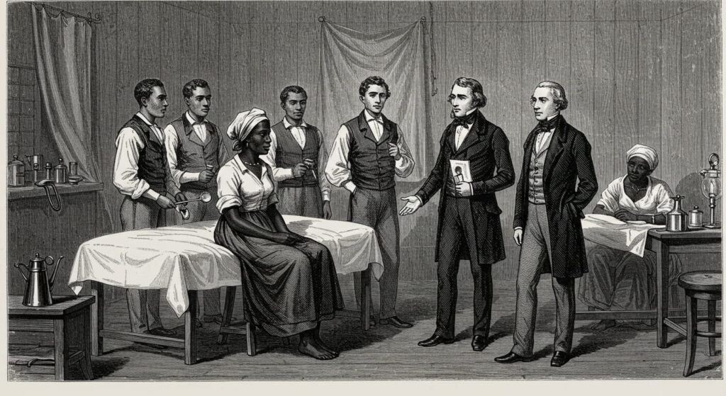 El Lado Oscuro del Padre de la Ginecología Moderna: J. Marion Sims 3 Ilustración del Dr. Marion Sims realizando experimentos médicos en una mujer negra esclavizada en el siglo XIX, rodeado de asistentes en una sala clínica rústica.