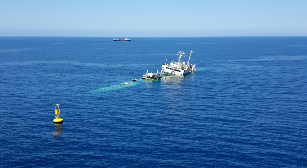 ¿Por qué flotan los barcos? 2 Barco hundido en el mar con boya amarilla. Imagen de naufragio con buque sumergido.