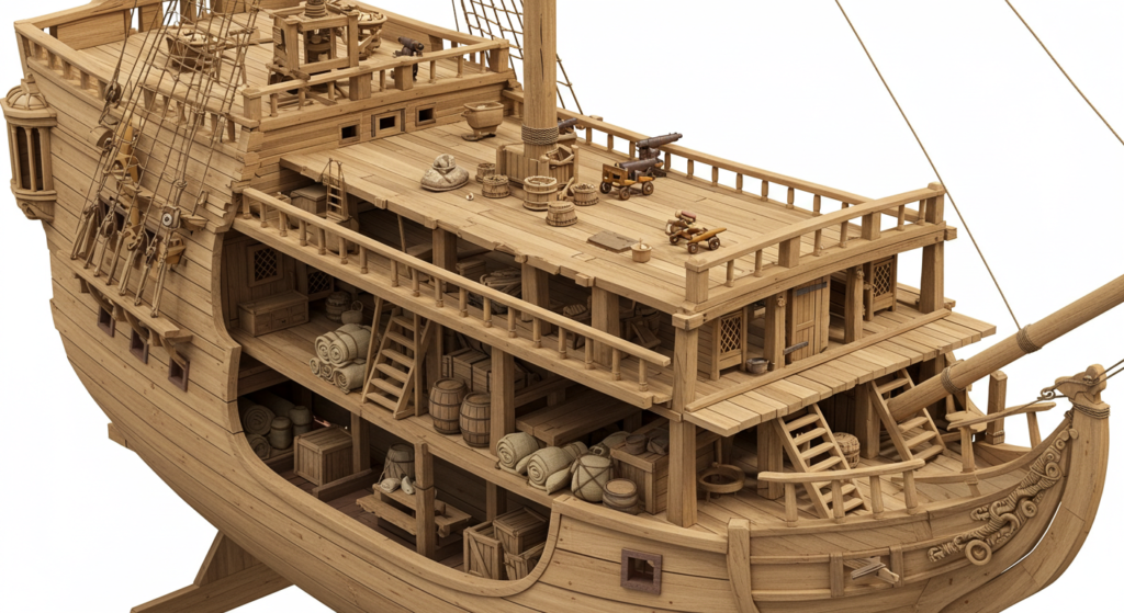 ¿Por qué flotan los barcos? 6 Maqueta de barco antiguo: interior detallado. Modelo de galeón de madera con estructura interna visible.
