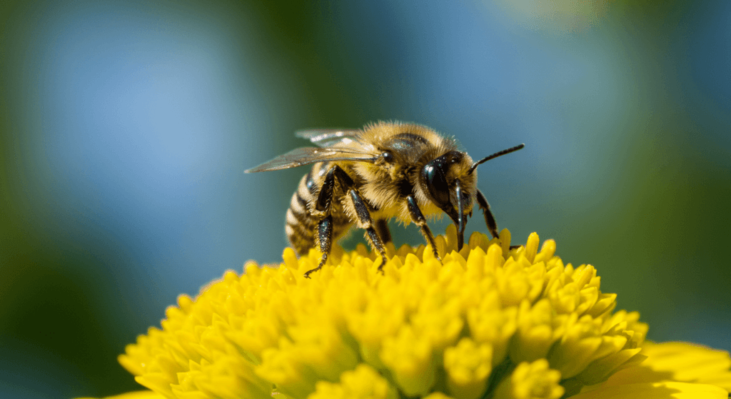 Las abejas y su importancia en el planeta: guardianas del equilibrio ecológico 3 Abeja recolectando néctar en flor amarilla. Imagen que captura una abeja trabajando sobre una flor, ilustrando el proceso de polinización y la armonía entre los insectos y la flora.