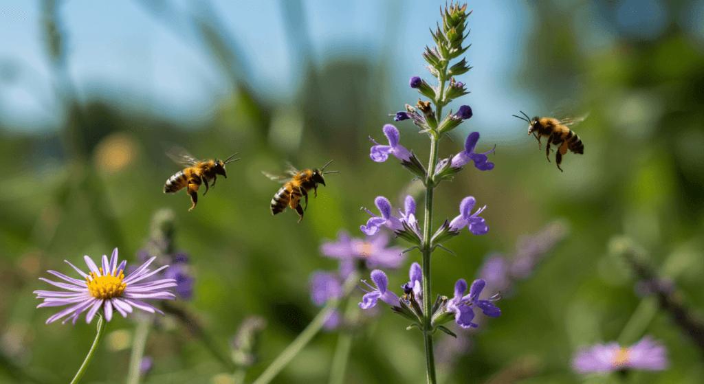 Las abejas y su importancia en el planeta: guardianas del equilibrio ecológico 6 Abejas volando sobre flores moradas. Imagen que captura abejas polinizando flores, mostrando la interconexión entre la vida vegetal y animal, y la belleza de la naturaleza.