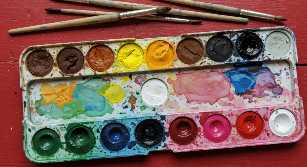 ¿Cómo observar una pintura? Técnicas para interpretar y disfrutar el arte visual 4 Paleta de acuarelas y pinceles sobre superficie de madera roja. Materiales de arte y pintura.