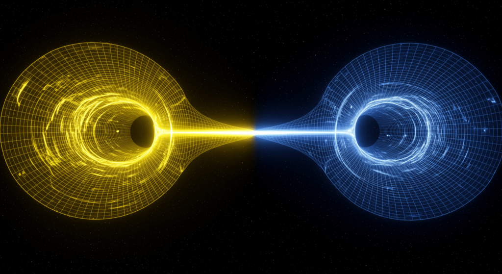 La teoría de los multiversos: ¿existen realidades paralelas? 2 Representación de un agujero de gusano en el espacio. Ilustración digital que muestra la conexión entre dos puntos del universo a través de un túnel espacio-temporal. Concepto de física teórica con planos curvos y luz. Accesibilidad web y SEO.