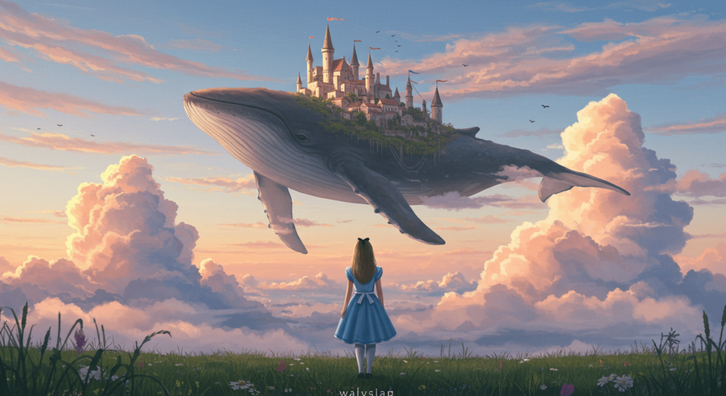 Sueños lúcidos: qué son y cómo puedes experimentarlos 3 Alicia mirando ballena castillo. Imagen de una niña vestida como Alicia en el país de las maravillas observando una ballena gigante con un castillo en su lomo flotando entre las nubes. Paisaje onírico en tonos pastel.