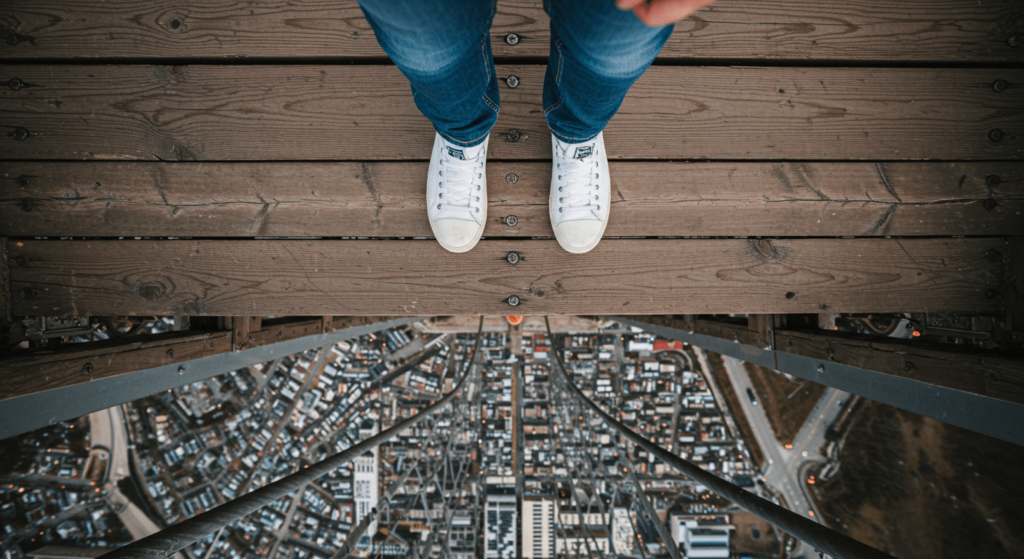 ¿Por qué sentimos miedo? La respuesta de la ciencia al instinto más antiguo 5 Vista aérea de ciudad desde estructura de madera. Persona con zapatos en altura.