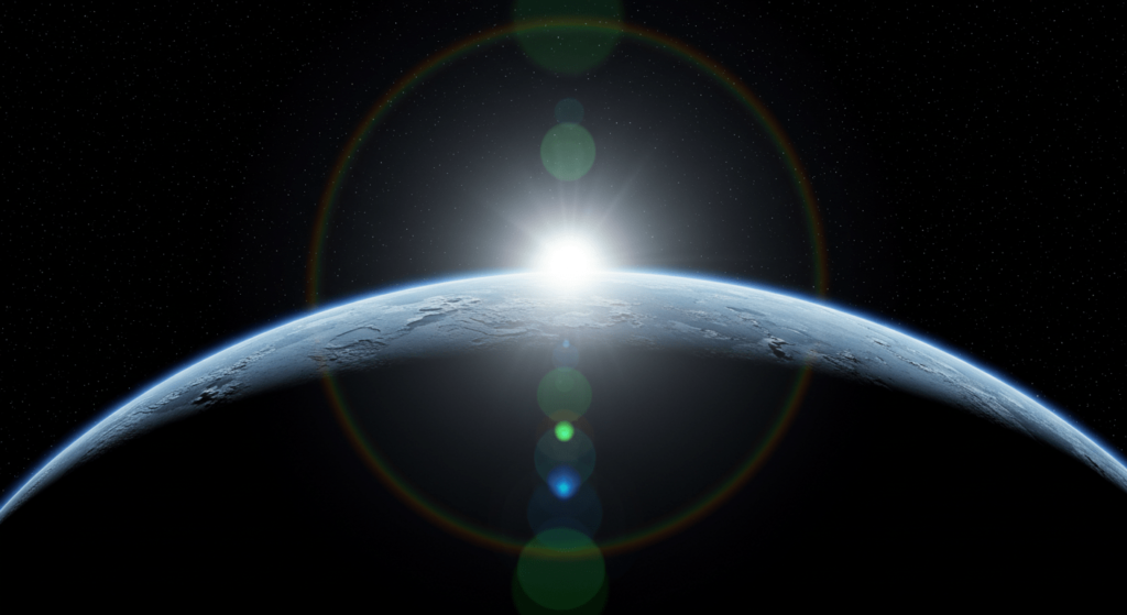 ¿Existe el universo para nosotros o somos solo una coincidencia cósmica? 4 Amanecer espacial sobre el horizonte curvo de un planeta o luna helada, con una estrella brillante creando contraluz, destellos de lente y un fondo de estrellas en el universo.