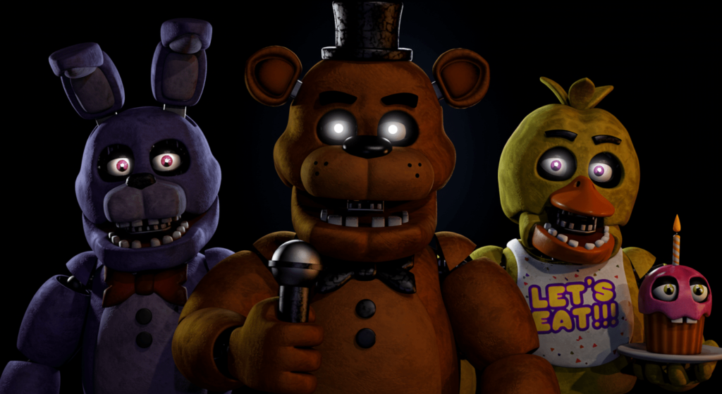 ¿6x1?: ¿Cómo sería un mundo sin religiones? 6 Personajes animatrónicos de Five Nights at Freddy's: Freddy, Bonnie y Chica. Ilustración de terror con robots amenazantes. Diseño artístico de videojuegos de horror. Freddy Fazbear con micrófono, Bonnie conejo morado y Chica gallina amarilla.