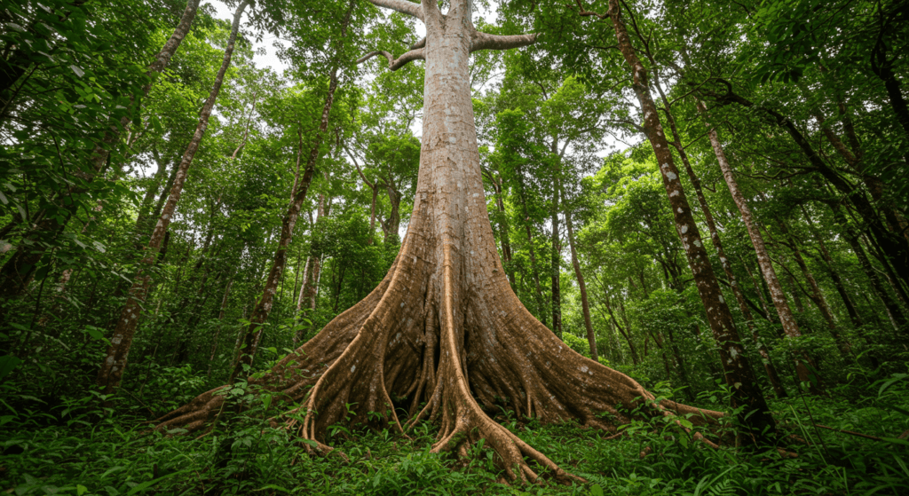 Las plantas más venenosas del mundo: descubre las 6 más peligrosas 4 Árbol gigante en la selva tropical con exuberante vegetación. Imagen de ecosistema natural y biodiversidad. Fotografía accesible para personas con discapacidad visual. Selva Tropical Árboles Naturaleza Biodiversidad.