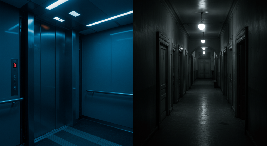 Los juegos paranormales más aterradores que nadie debería jugar 2 Contraste entre ascensor moderno y pasillo antiguo. Imagen dividida mostrando un elevador iluminado y un corredor desolado.