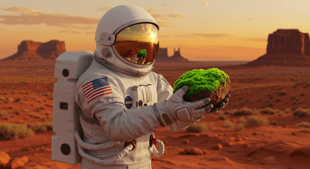 Marte: el planeta rojo y su fascinante relación con la Tierra 4 Astronauta en Marte sosteniendo una roca con musgo verde, un contraste de vida en un entorno árido. Exploración espacial y búsqueda de vida. Accesible para personas con discapacidad visual.