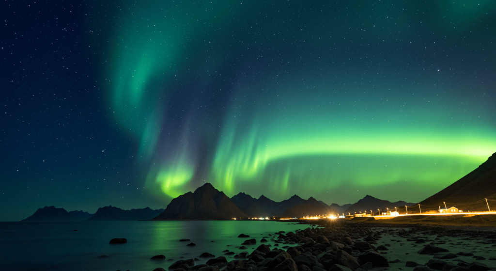 ¿Qué son las auroras polares? El misterio y la ciencia detrás de las luces del norte y sur 1 Aurora boreal sobre costa rocosa y montañas iluminadas por la noche. Espectáculo de luces en el cielo nocturno. Accesible para personas con discapacidad visual.