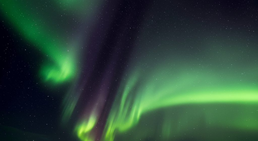 ¿Qué son las auroras polares? El misterio y la ciencia detrás de las luces del norte y sur 5 Aurora boreal verde y púrpura en un cielo nocturno estrellado. Fenómeno natural de luces en el cielo. Accesible para personas con discapacidad visual.