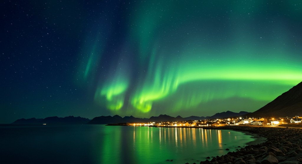 ¿Qué son las auroras polares? El misterio y la ciencia detrás de las luces del norte y sur 6 Aurora boreal verde sobre un pueblo costero iluminado por la noche. Belleza nocturna en un entorno tranquilo. Accesible para personas con discapacidad visual.